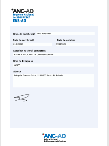 La Universitat Europea (eUniv) consolida la seva posició de lideratge institucional després d’assolir la certificació de l’Agència Nacional de Ciberseguretat d’Andorra (ANC-AD).